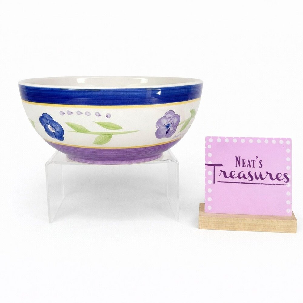 Gibson BELLA Blue Lavender Flowers Bands Round Stoneware 9.25" Serving Bowl
